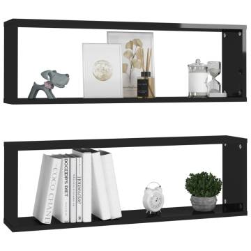  Wall Cube Shelf 2 pcs High Gloss Black 80x15x26.5cm Engineered Wood