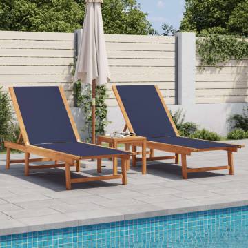  Sun Loungers 2 pcs with Table Blue Solid Wood Acacia and Textilene