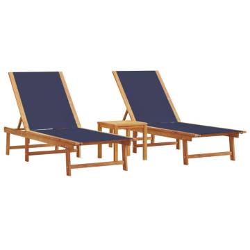  Sun Loungers 2 pcs with Table Blue Solid Wood Acacia and Textilene