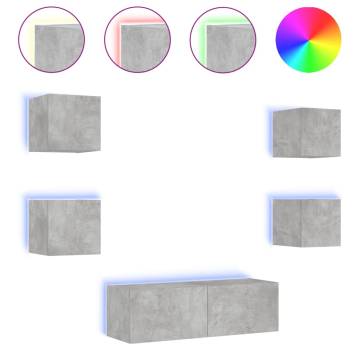 5 Piece TV Wall Cabinets with LED Lights Concrete Grey